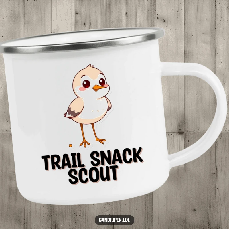 Funny sandpiper camping mug, enamel cup with a cheerful bird looking for snacks, outdoor humor.