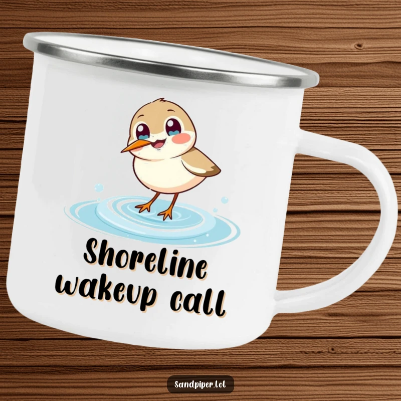 Funny sandpiper camping mug, enamel cup with a joyful bird dipping beak into a wave, outdoor humor.
