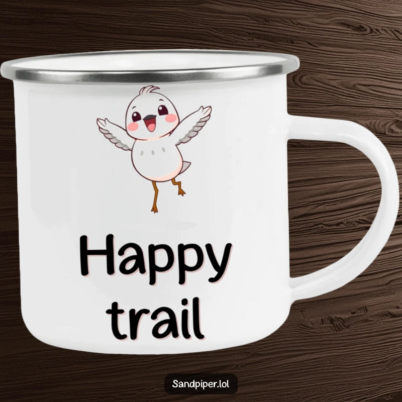 Funny Camping Mug: A sandpiper character in a joyful mid-air hop, symbolizing happiness and fun for outdoor adventures.