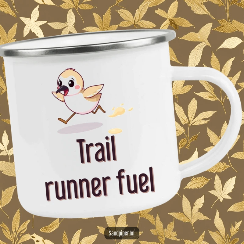 Funny camping mug with a cute sandpiper character energetically running on a beach, ideal for outdoor use. A rugged funny gift.