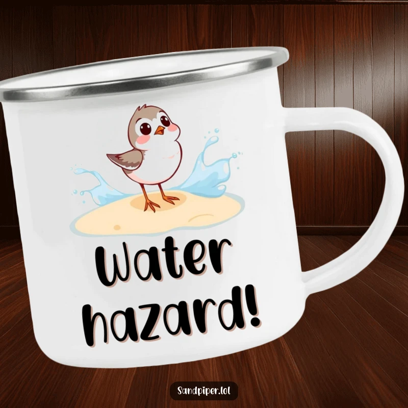 Funny Sandpiper Camping Mug: A sandpiper surprised by a wave splash adds humor to this durable outdoor mug.