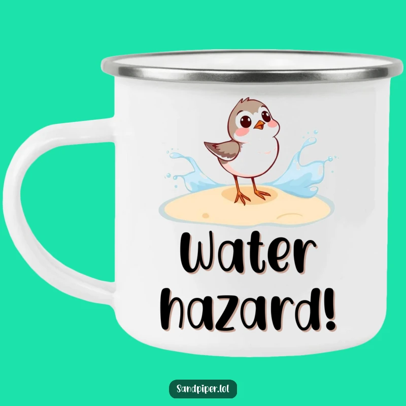 Funny Sandpiper Camp Mug - Surprised by Wave, Hilarious Outdoor Gift