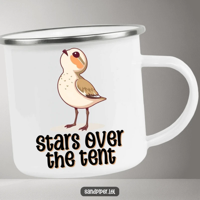 Funny camping mug showing a sandpiper looking up at the sky with wonder.