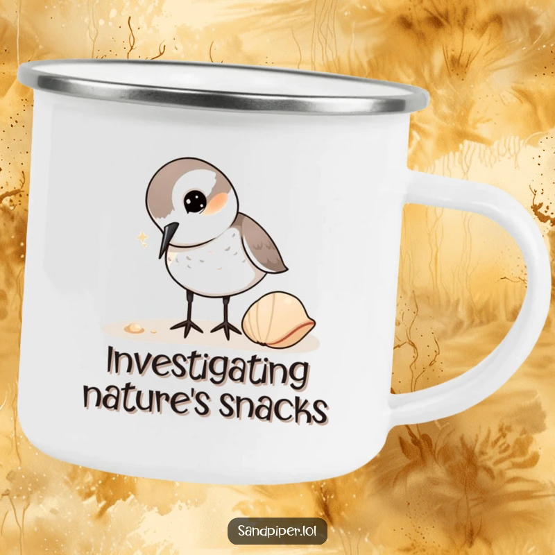 Funny Sandpiper Camping Mug: Durable cup showing a sandpiper curiously pecking at a shell, perfect for the inquisitive outdoorsperson.