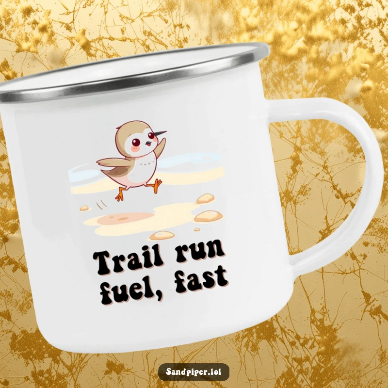 Funny Sandpiper Camping Mug: Sturdy enamel cup featuring a cute sandpiper running fast on a beach, designed for outdoor fun.