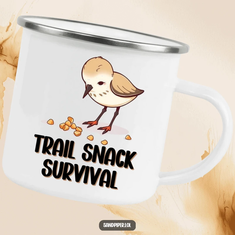 Funny camping mug featuring an active sandpiper pecking crumbs, great for outdoor use.