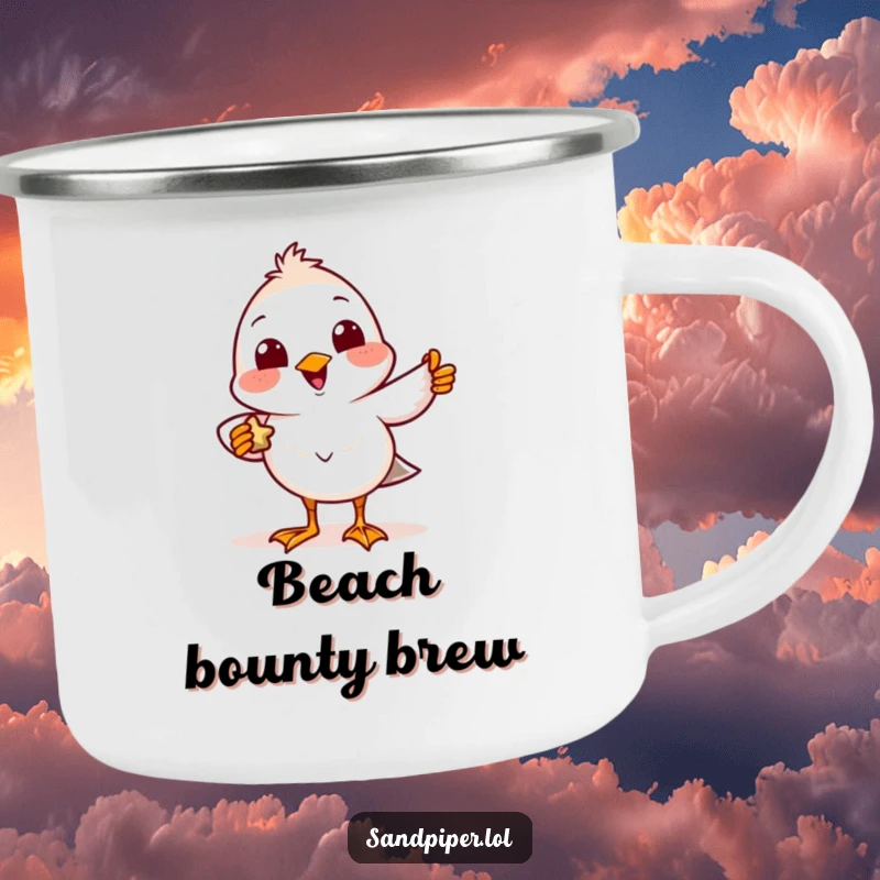 Funny Camping Mug with a delighted sandpiper bird smiling and proudly showing off a tiny found treasure.