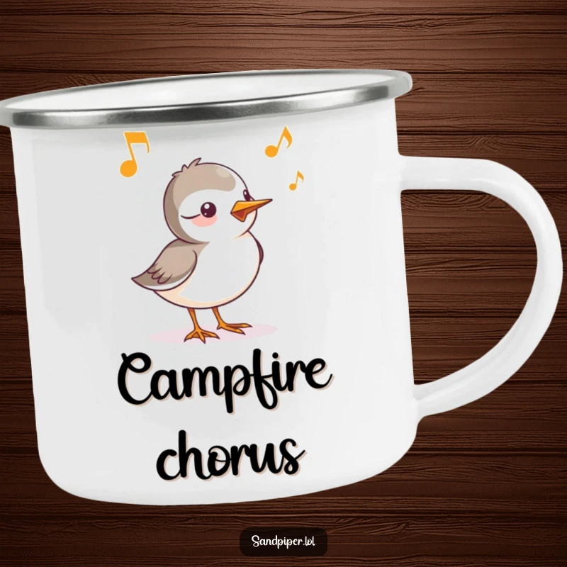 Funny camping mug showing a sandpiper character whose cheerful chirp is depicted as musical notes, ideal for outdoor enjoyment.