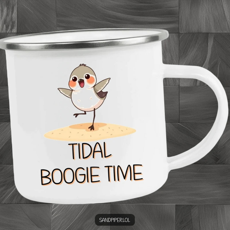 Funny sandpiper camping mug featuring a bird dancing outdoors, ideal for sipping drinks during adventures with a humorous twist