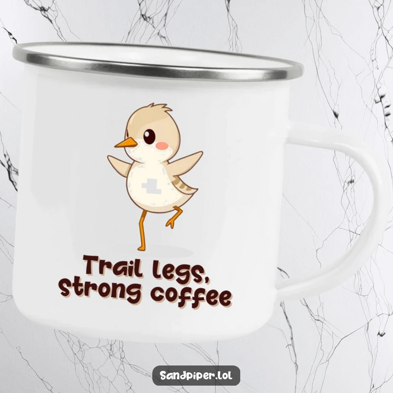 Funny sandpiper camping mug with a determined bird hopping enthusiastically, ready for outdoor adventures.