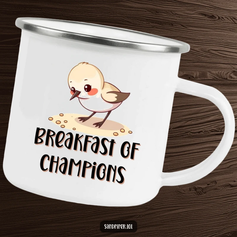 Funny Camping Mug: A small sandpiper pecks at sand, a fun mug for nature adventures.