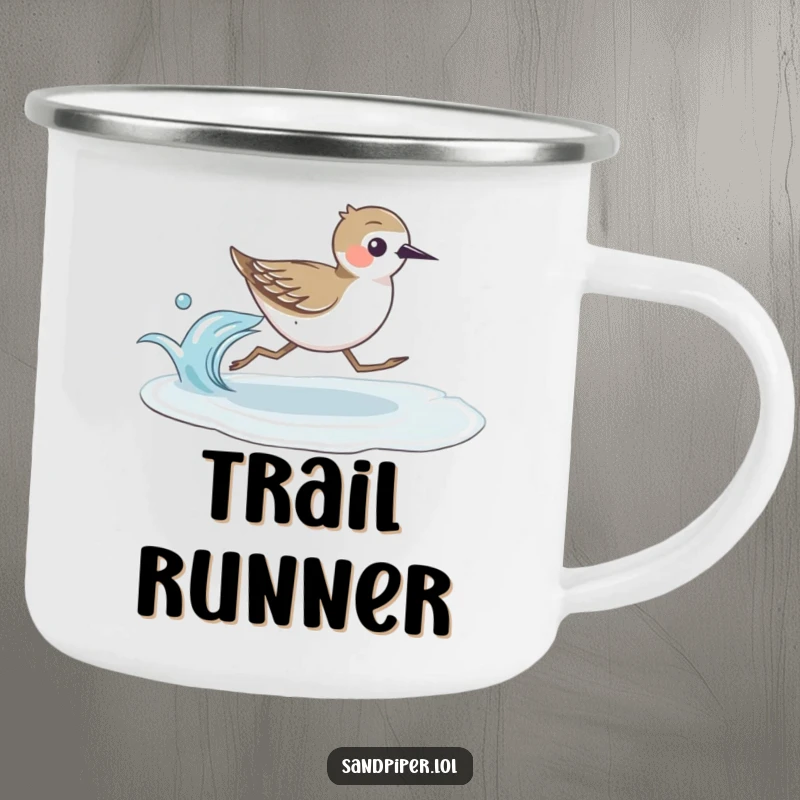 Durable camping mug featuring a fast-running sandpiper bird beside a gentle wave, perfect for outdoor enjoyment.