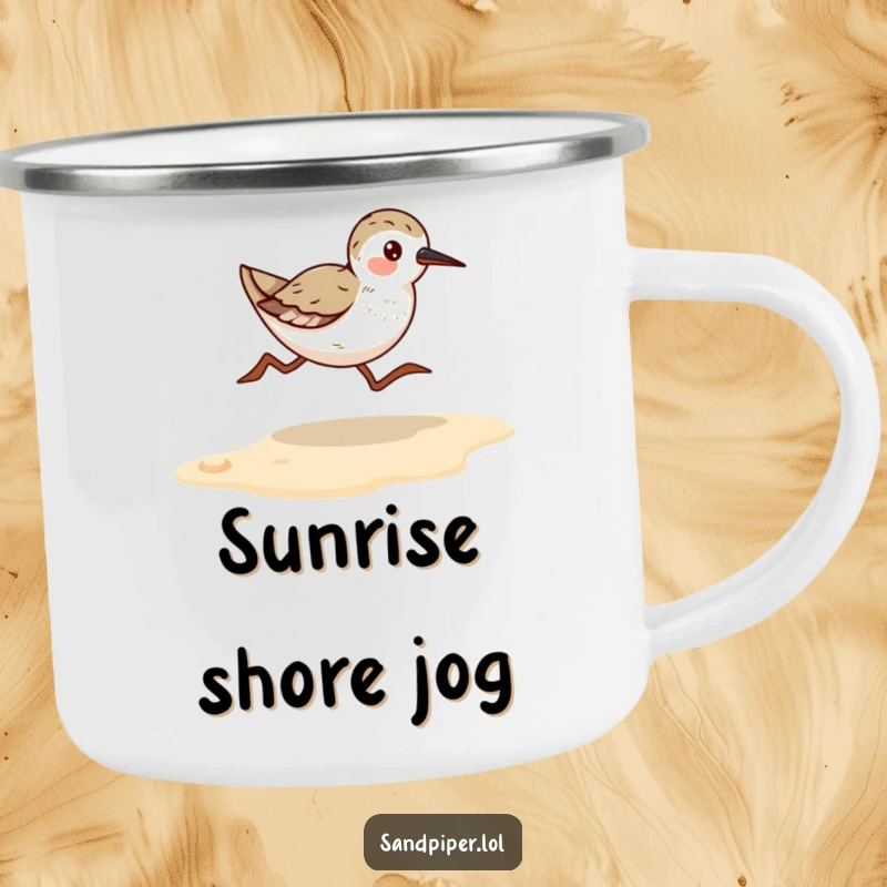 Funny Sandpiper Runner Camping Mug: Sturdy mug showing a bird running quickly on a sandy beach, great for outdoor enjoyment.