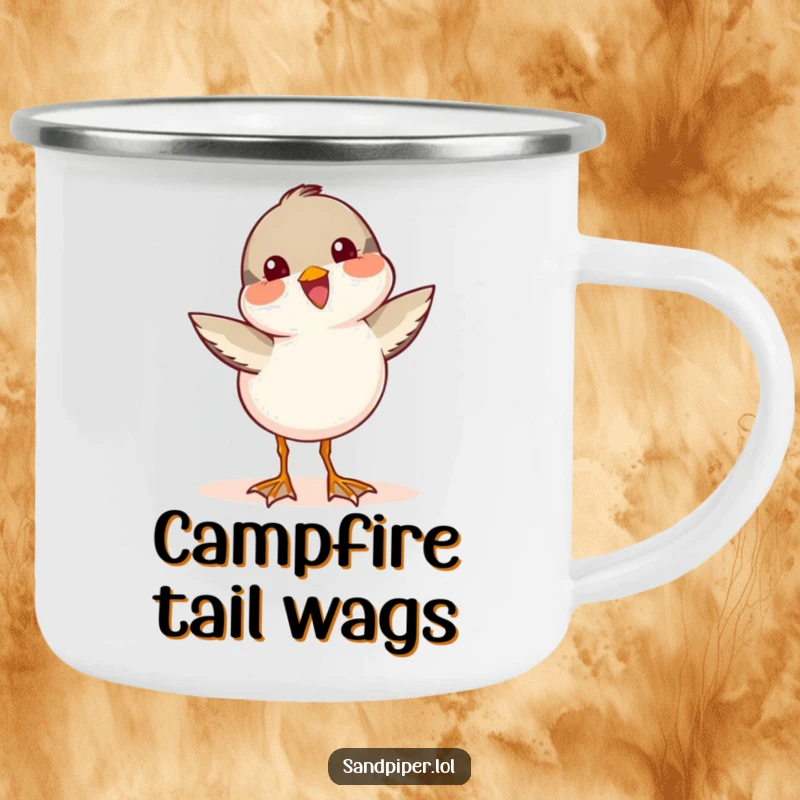 Funny Sandpiper Camping Mug with a cute bird wagging its tail with infectious joy.