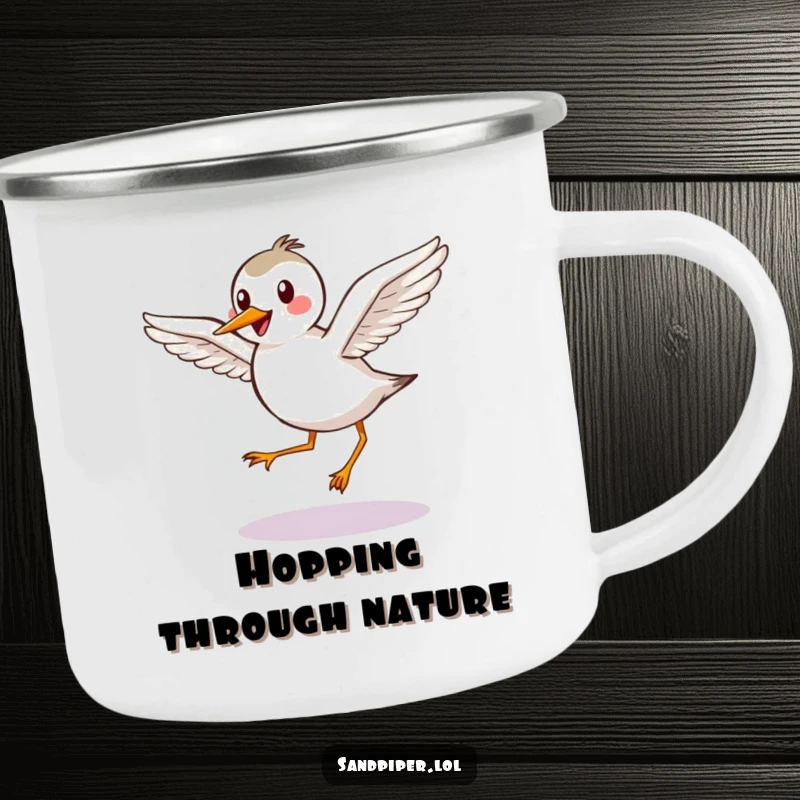 Funny Camping Mug: Happy sandpiper with outstretched wings takes a graceful hop, for outdoor joy.