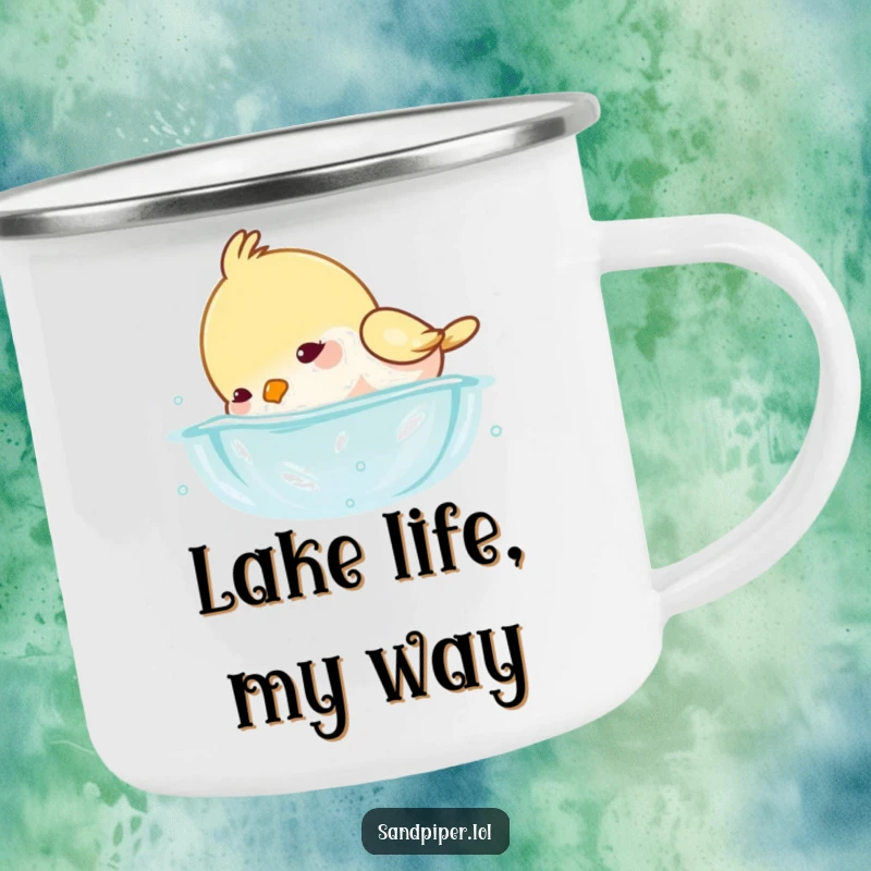 Funny camping mug featuring a bird playfully dipping its head underwater with splashes, perfect for outdoor enthusiasts.
