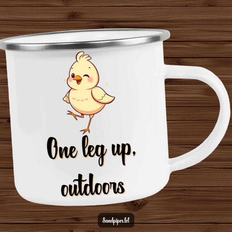 Funny camping mug featuring a happy bird standing on one leg, ready for outdoor adventures and warm beverages.