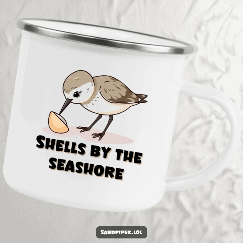 Funny sandpiper camping mug featuring a curious bird pecking at a shell, perfect for enjoying beverages during outdoor adventures.