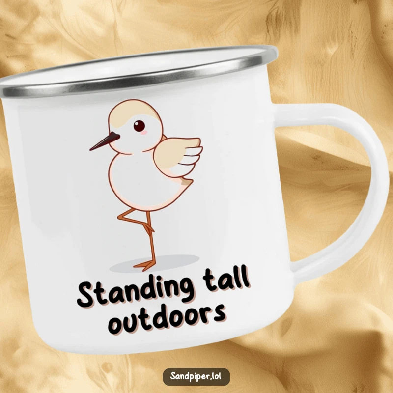 Funny Sandpiper Camping Mug: Sturdy cup featuring a sandpiper in a humorous, balanced one-legged stance, designed for peaceful sipping.