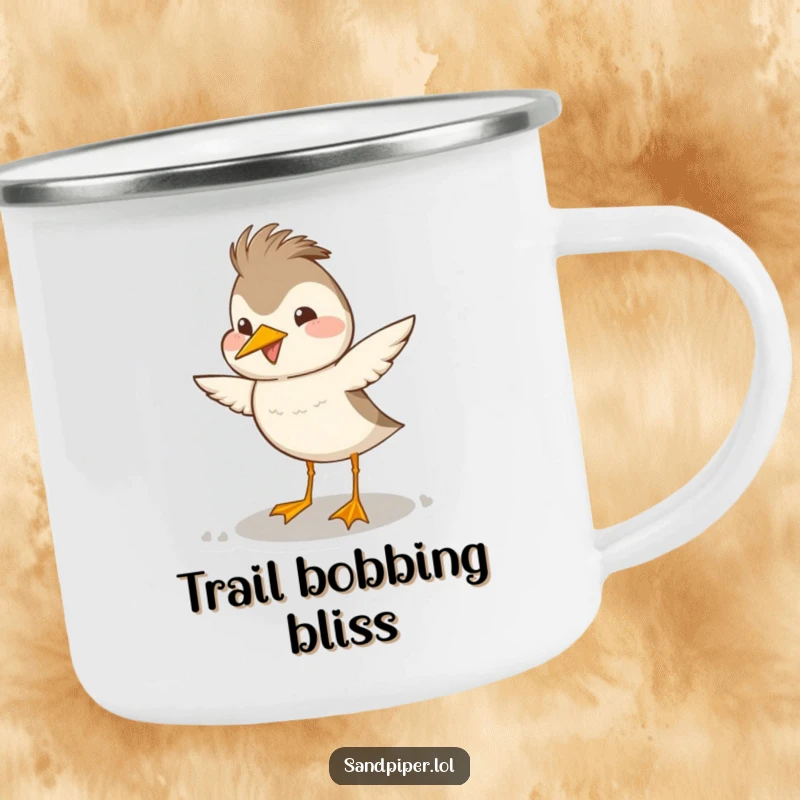 Funny sandpiper camping mug depicting a bird's happy, exaggerated head bob dance, perfect for outdoor fun.