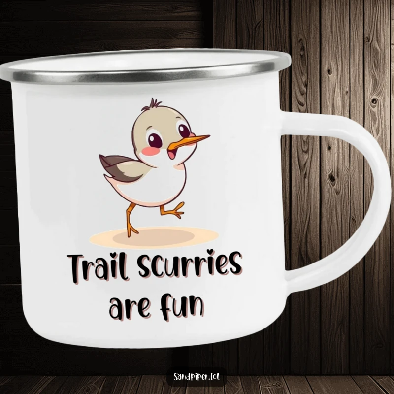 Funny Camping Mug: A sandpiper bird in a sideways scurry, perfect for beachy vibes outdoors.