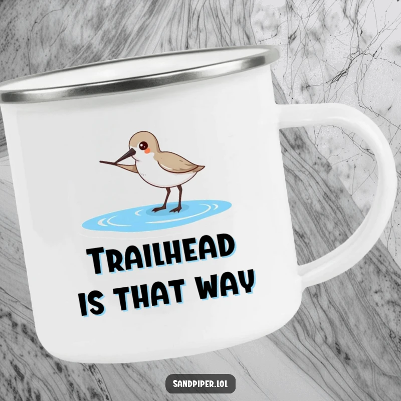 Funny Sandpiper Camping Mug: A sandpiper points its beak towards the ocean on this humorous outdoor mug.