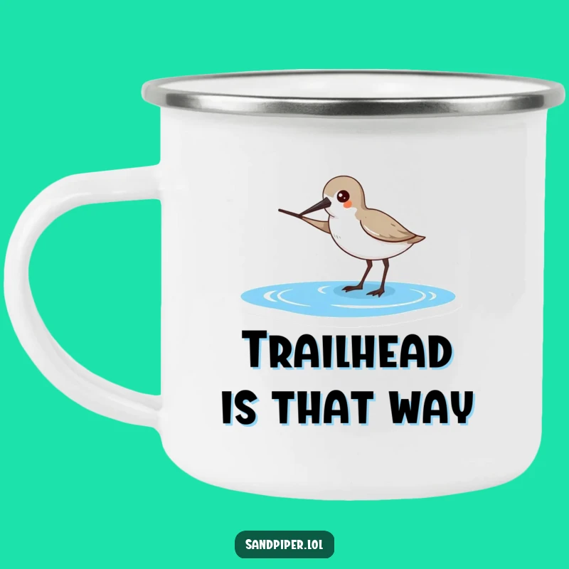 Funny Sandpiper Camp Mug - Pointing to Ocean, Hilarious Outdoor Gift