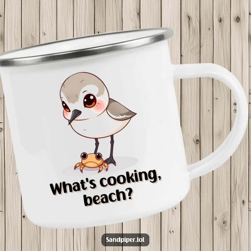 Funny sandpiper camping mug, curious bird observing crab, enamel cup, outdoor adventure, great gift.