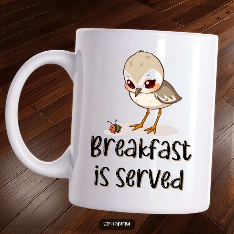Funny Sandpiper Mug: A cute sandpiper with intense focus is shown pecking decisively at a tiny insect on the ground.