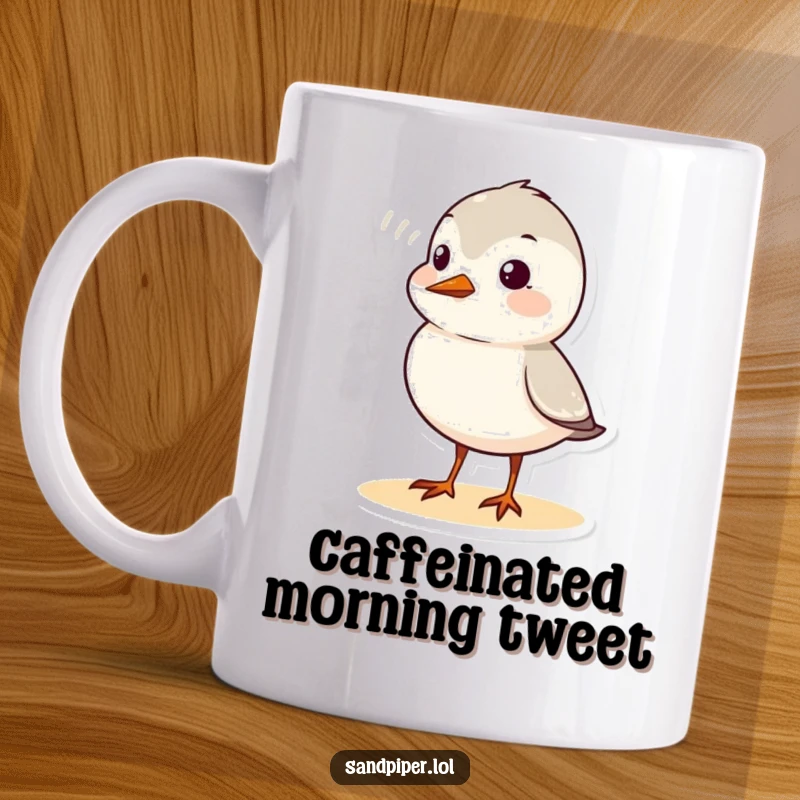 Funny sandpiper mug depicting a cute bird character emitting a tiny, cheerful chirp, with visible sound waves indicating joy.