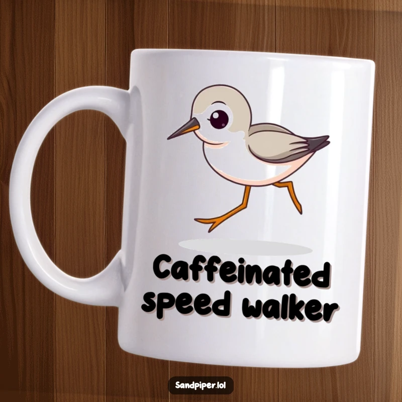 Funny mug featuring a cute sandpiper character with its characteristic long legs striding quickly, looking determined and energetic.