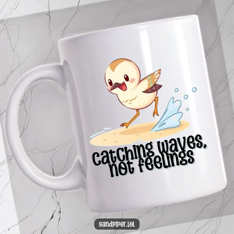 Funny Sandpiper Mug showing an excited sandpiper character joyfully chasing a small wave, perfect for beach enthusiasts.
