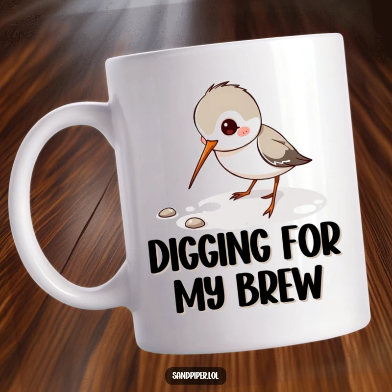 Funny Sandpiper Mug featuring a playful sandpiper character digging its thin beak into the sand, ideal for bird watchers.