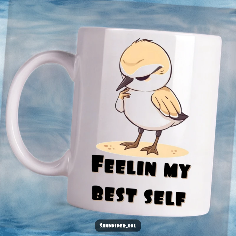 Funny Sandpiper Mug: A cute sandpiper is depicted with closed eyes and a gentle smile, meticulously preening its soft feathers.