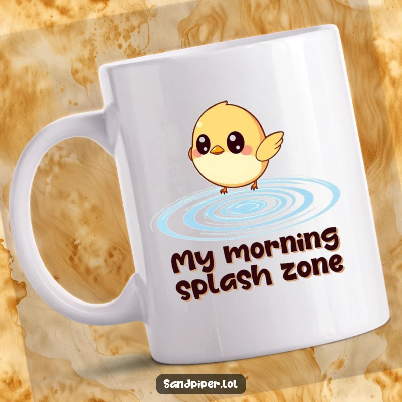 Funny mug featuring a wide-eyed small bird comically chasing a bouncing water ripple, bringing a smile to any bird lover.