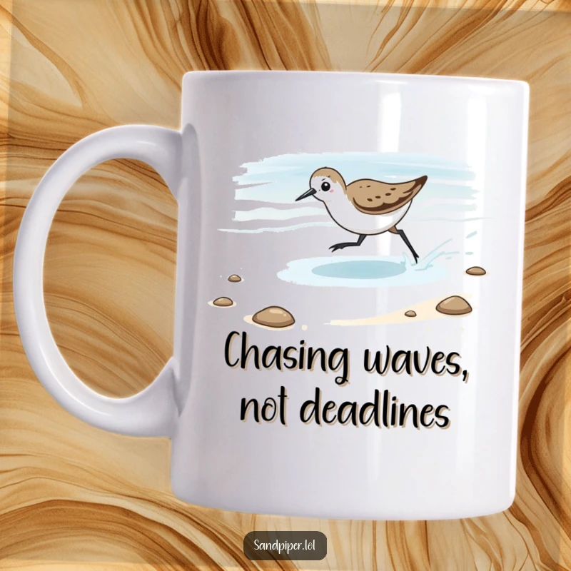 Funny Sandpiper Mug showing a bird playfully chasing a retreating tide, capturing a moment of energetic, humorous beach fun.