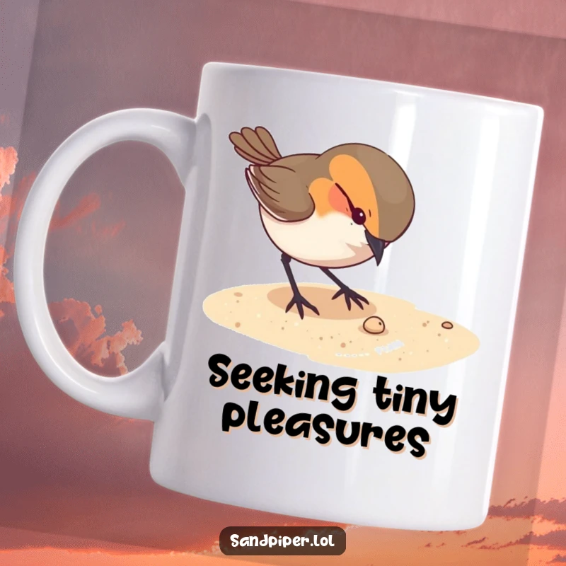 Funny mug showing a curious bird intently pecking at something tiny on the sandy ground, symbolizing exploration.
