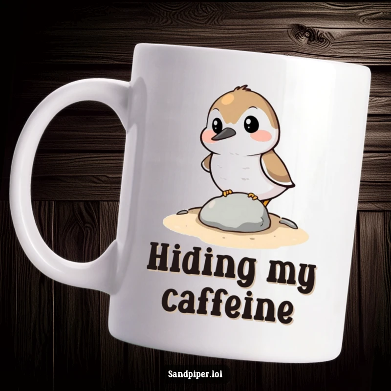 Funny Mug: A sandpiper character hilariously trying to conceal itself behind a tiny stone, embodying shy humor and relatable awkwardness.