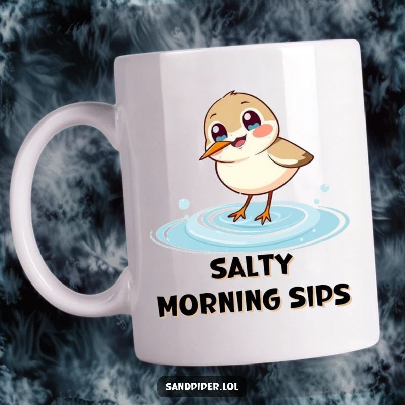 Funny sandpiper mug, wide-eyed bird joyfully dipping beak into ocean wave, coastal humor, perfect gift.