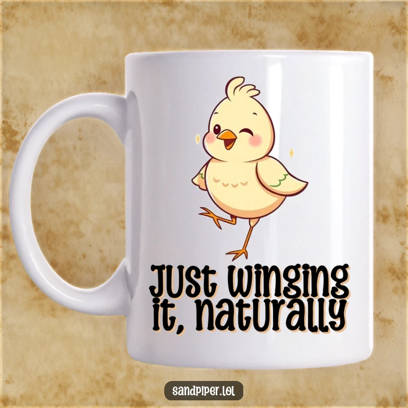 Funny mug of a cheerful bird standing contentedly on one leg, exuding pure joy and playful balance.