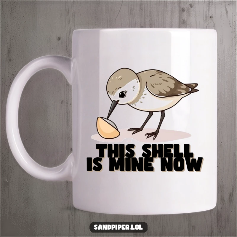 Funny sandpiper mug featuring a curious bird pecking at a tiny shell, showcasing its inquisitive and adorable personality.