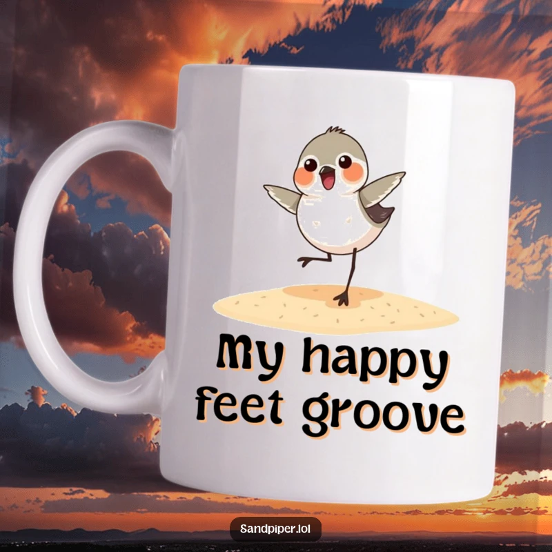 Funny sandpiper mug featuring a joyful bird doing a happy little dance on the sandy beach, spreading cheer and laughter
