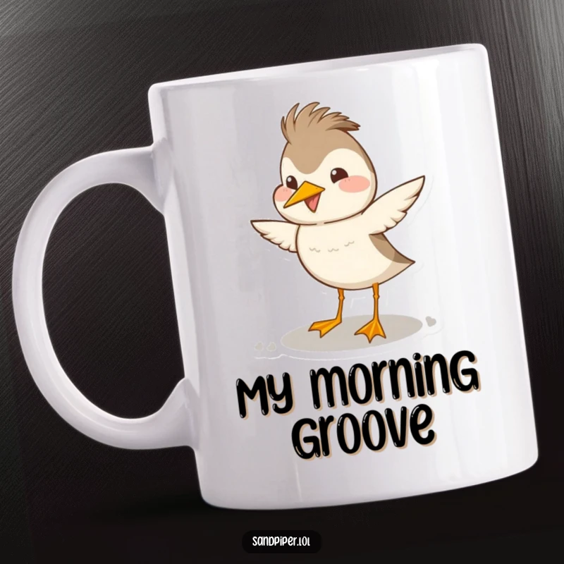 Funny sandpiper mug showing a bird doing a genuinely happy and exaggerated head bob dance, full of infectious joy.