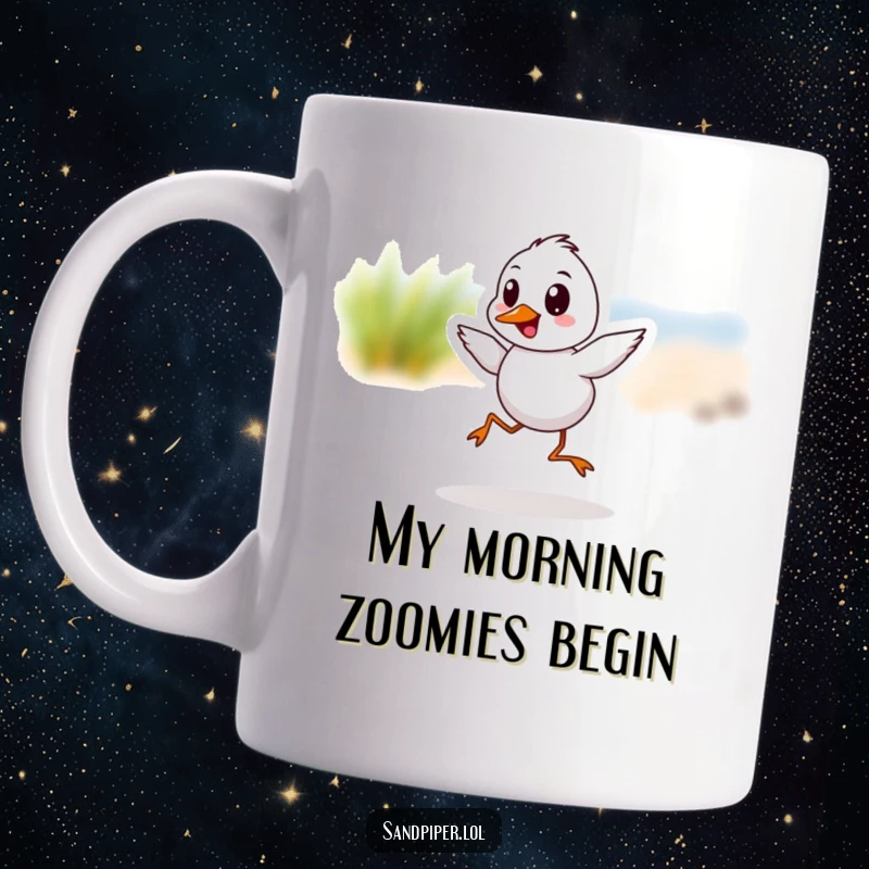 Funny Sandpiper Mug featuring a cheerful bird mid-hop, full of energy and personality, a delightful gift.