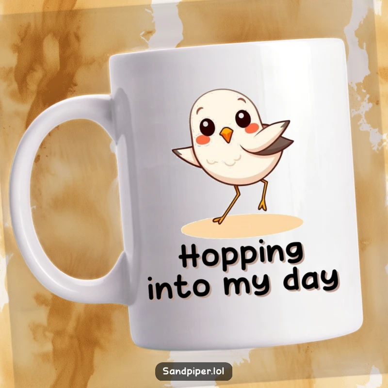 Funny mug depicting a cute sandpiper bird performing a happy little hop, full of playful energy and beach vibes.