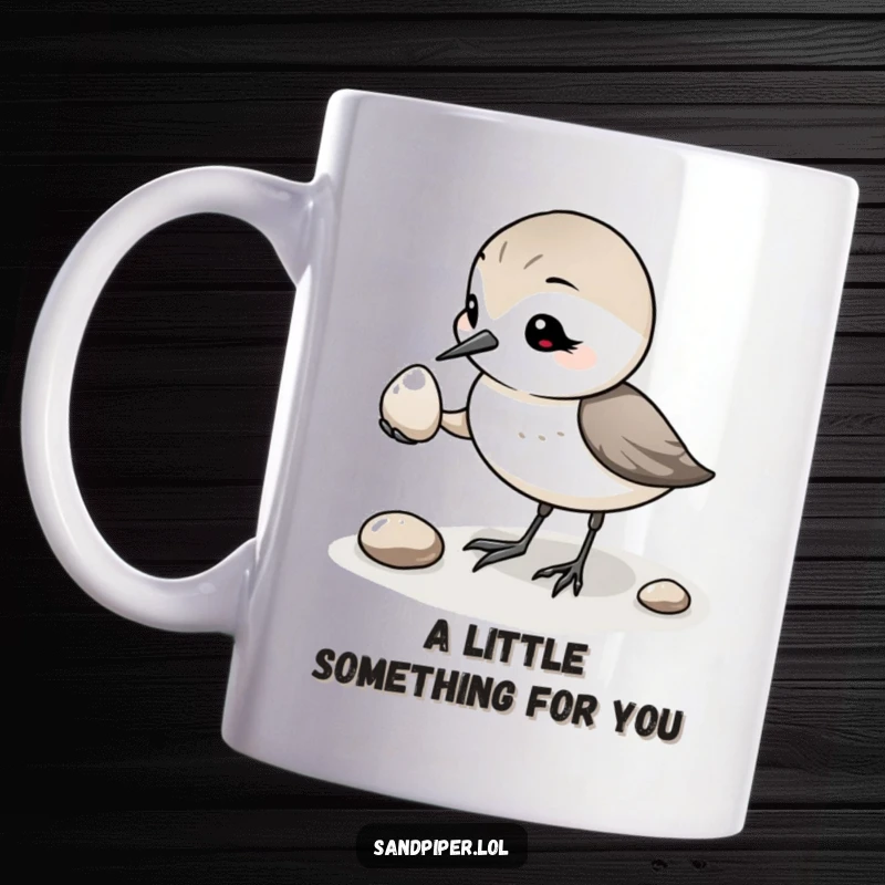 Funny Sandpiper Pebble Gift Mug: A sandpiper offering a shiny pebble with a gentle, humorous expression, a great funny gift.