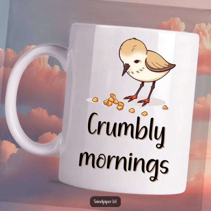 Funny mug featuring an energetic sandpiper enthusiastically pecking at scattered crumbs on the beach.