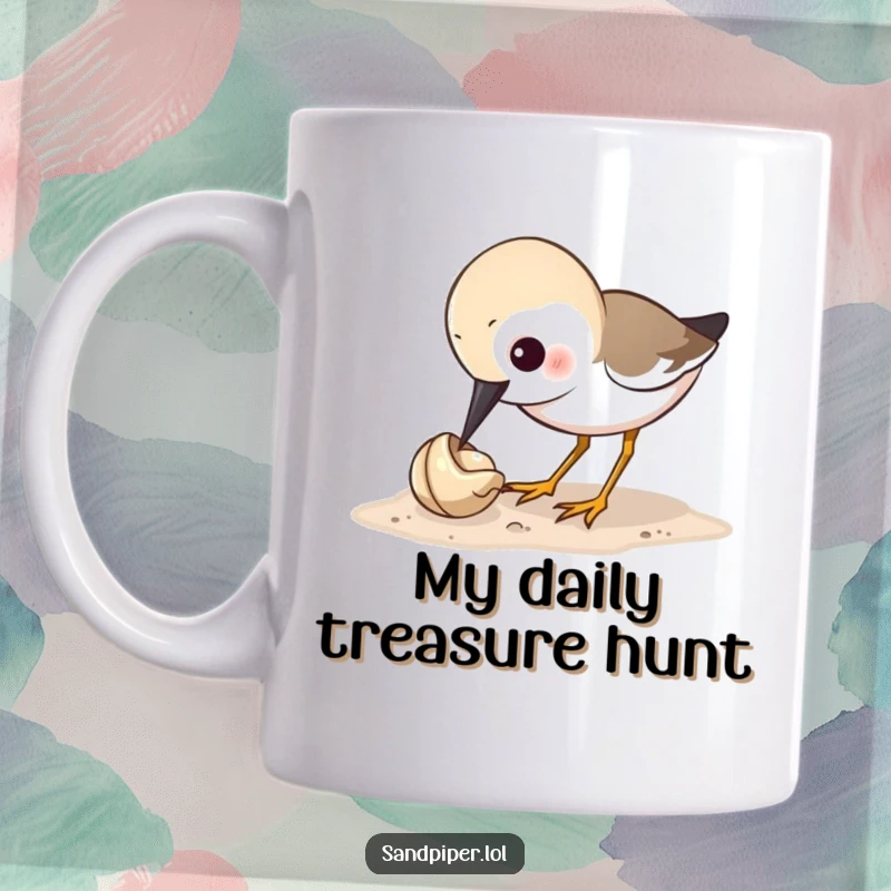 Funny sandpiper mug showing a determined bird pecking at a minuscule shell with great curiosity and focus, a delightful bird lover gift.