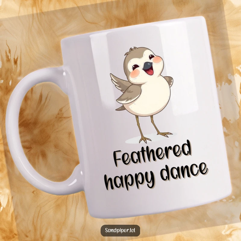 Funny sandpiper mug featuring a bird joyfully wagging its tail feathers, radiating happiness and playful energy.