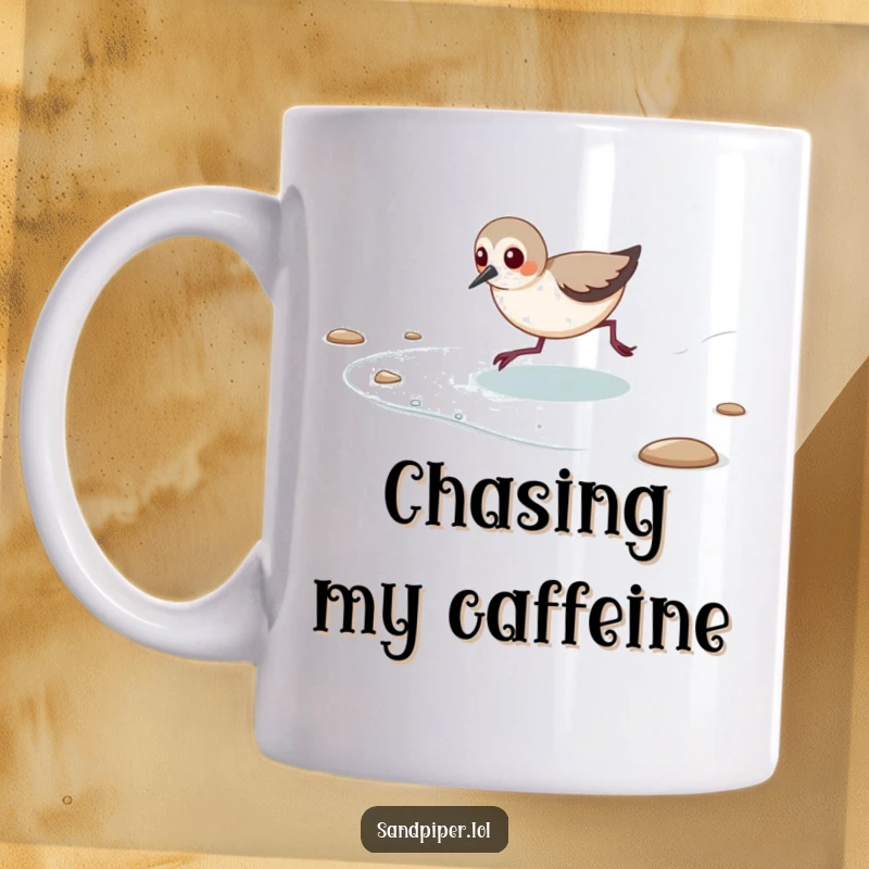 Funny mug featuring a playful sandpiper joyfully chasing a retreating tide along the shore.
